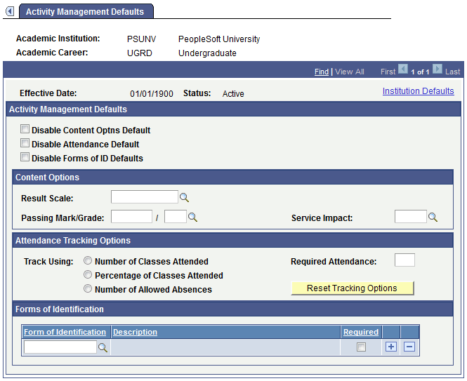 Activity Management Defaults page for academic careers