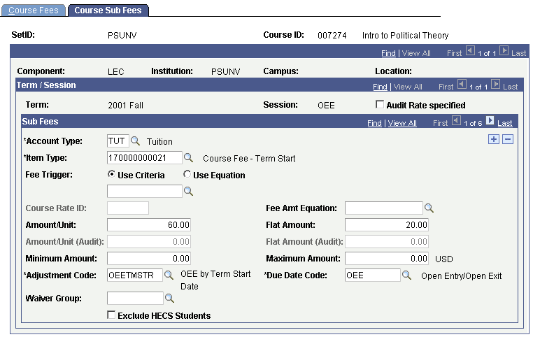 Course Sub Fees page