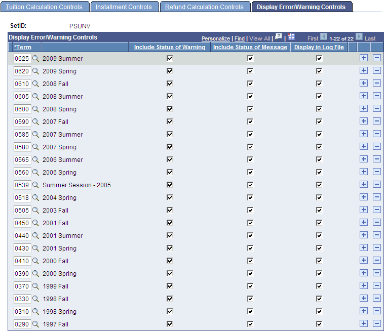 Display Error/Warning Controls page