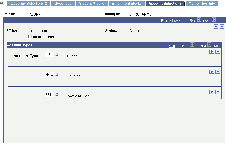 Account Selections page