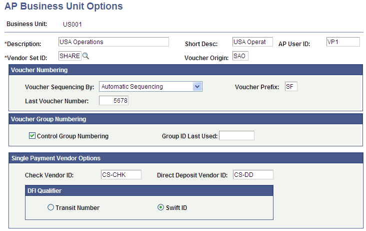 AP (Accounts Payable) Business Unit Options page