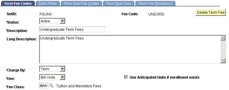 Term Fee Codes page