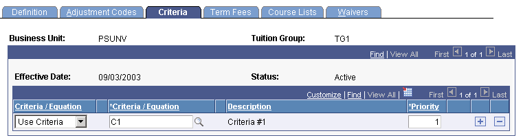 Tuition Groups - Criteria page