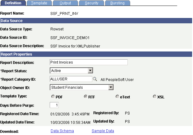 Report Definition page