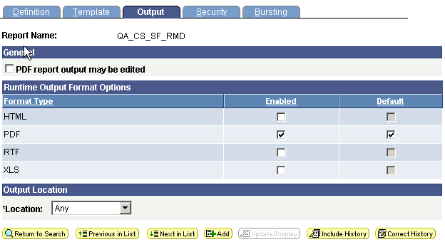 Report Definition - Output page