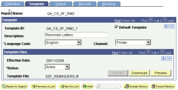 Report Definition - Template page