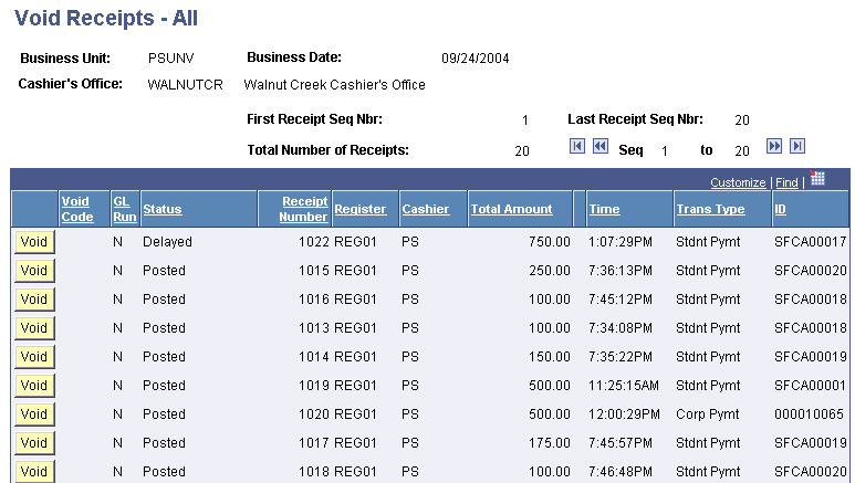 Void Receipts - All page