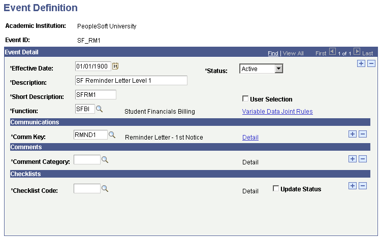 Event Definition page