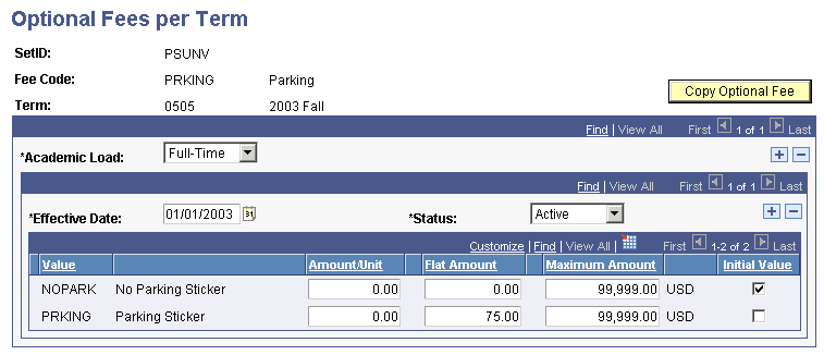 Optional Fees per Term page