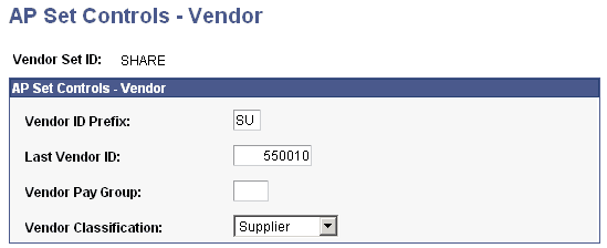 AP (Accounts Payable) Set Controls Vendor page
