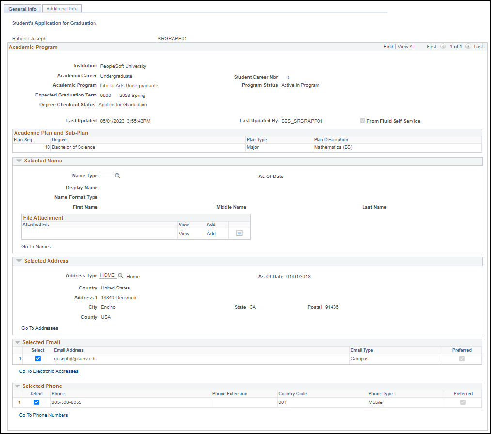 Application for Graduation General Info page