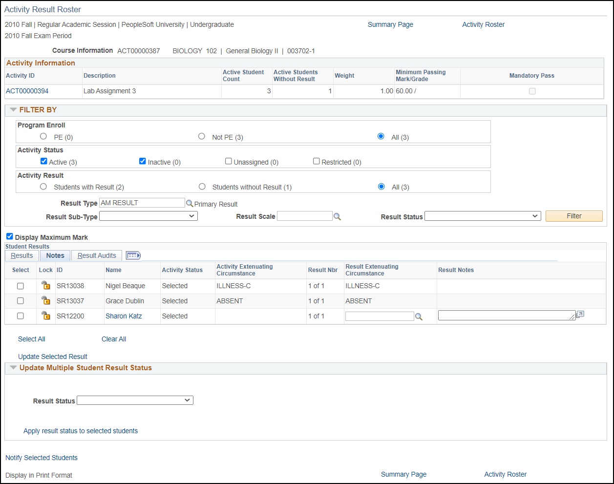 Activity Result Roster page, Student Results group box, Notes tab