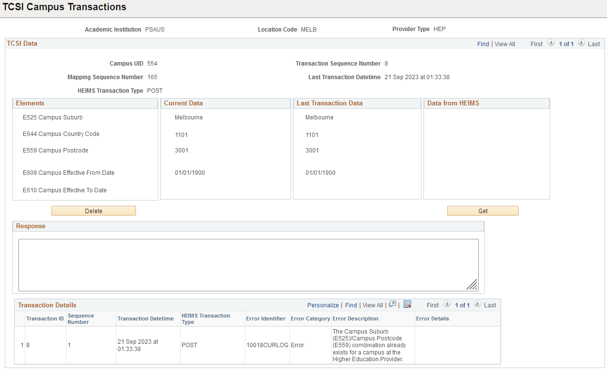 Example: TCSI Transaction Maintenance page