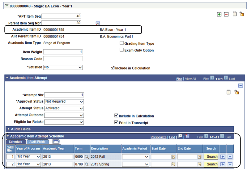 APT (Academic Progress Tracker) Items page: Equates to Year of Program example