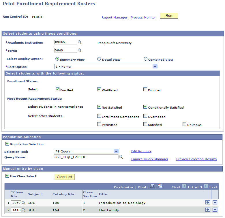 Print Enrollment Requirement Rosters page