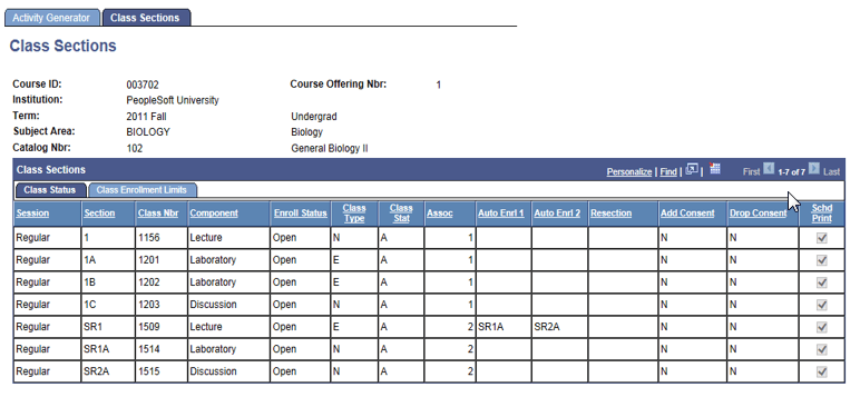 Class Sections page: Class Status tab