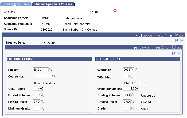Student Agreement Courses page