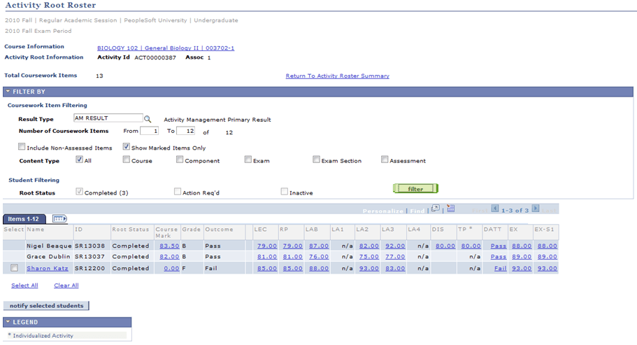 Activity Root Roster page