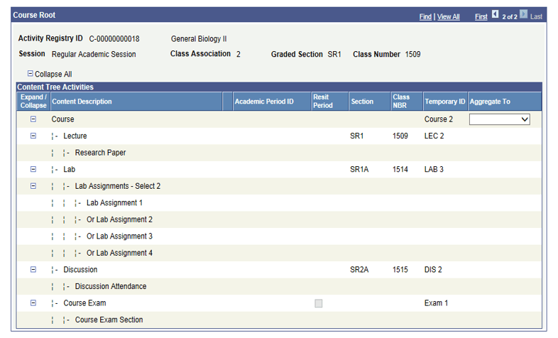 Example of content tree activities for individual graded section