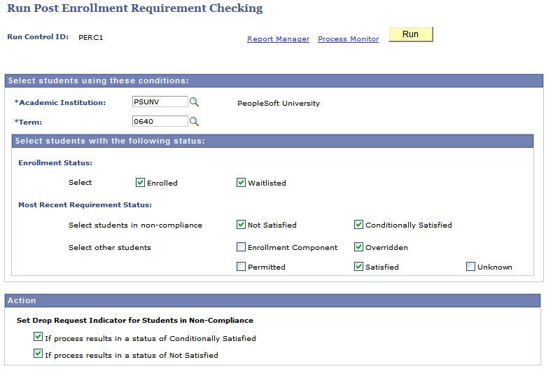 Run Post Enrollment Requirement Checking page (1 of 2)