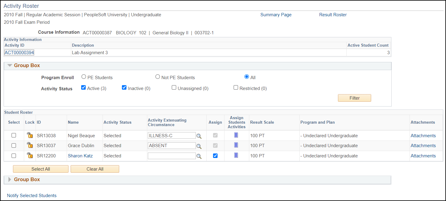 Activity Roster page