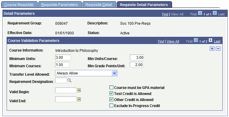 Requisite Detail Parameters page