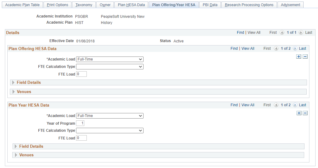 Plan Offering/Year HESA (Higher Education Statistics Agency) page