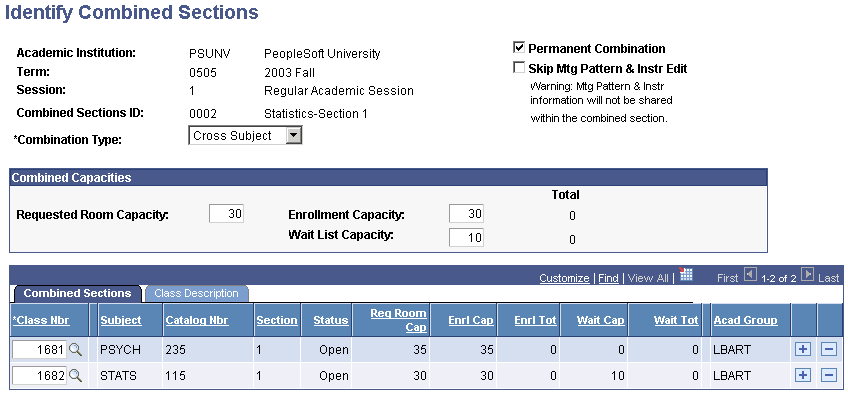 Identify Combined Sections page