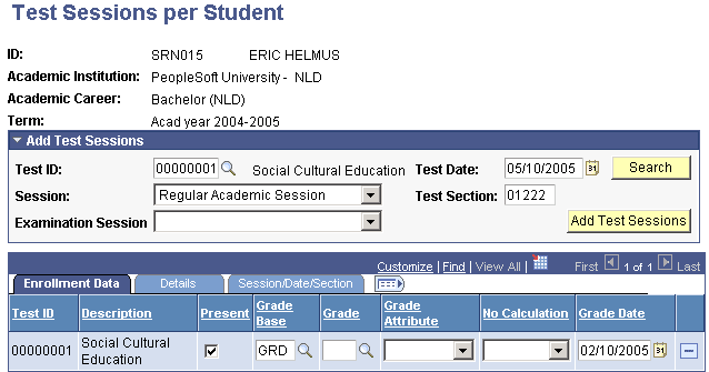 Test Sessions per Student page