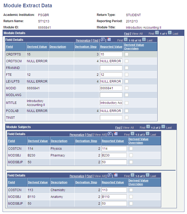 Example of an extract data page