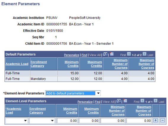 Element Parameters page