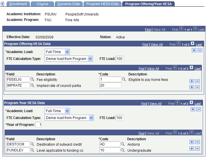 Program Offering/Year HESA (Higher Education Statistics Agency) page