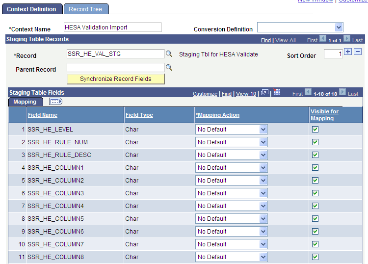 Context Definition setup for HESA (Higher Education Statistics Agency) error processing (1 of 2)