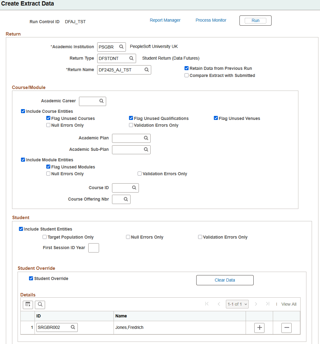 Create Extract Data page