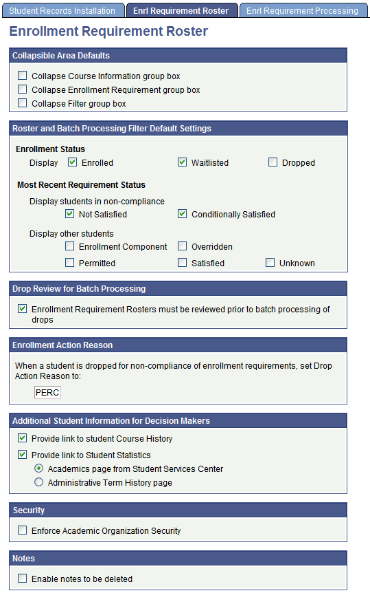 Enrollment Requirement Roster page