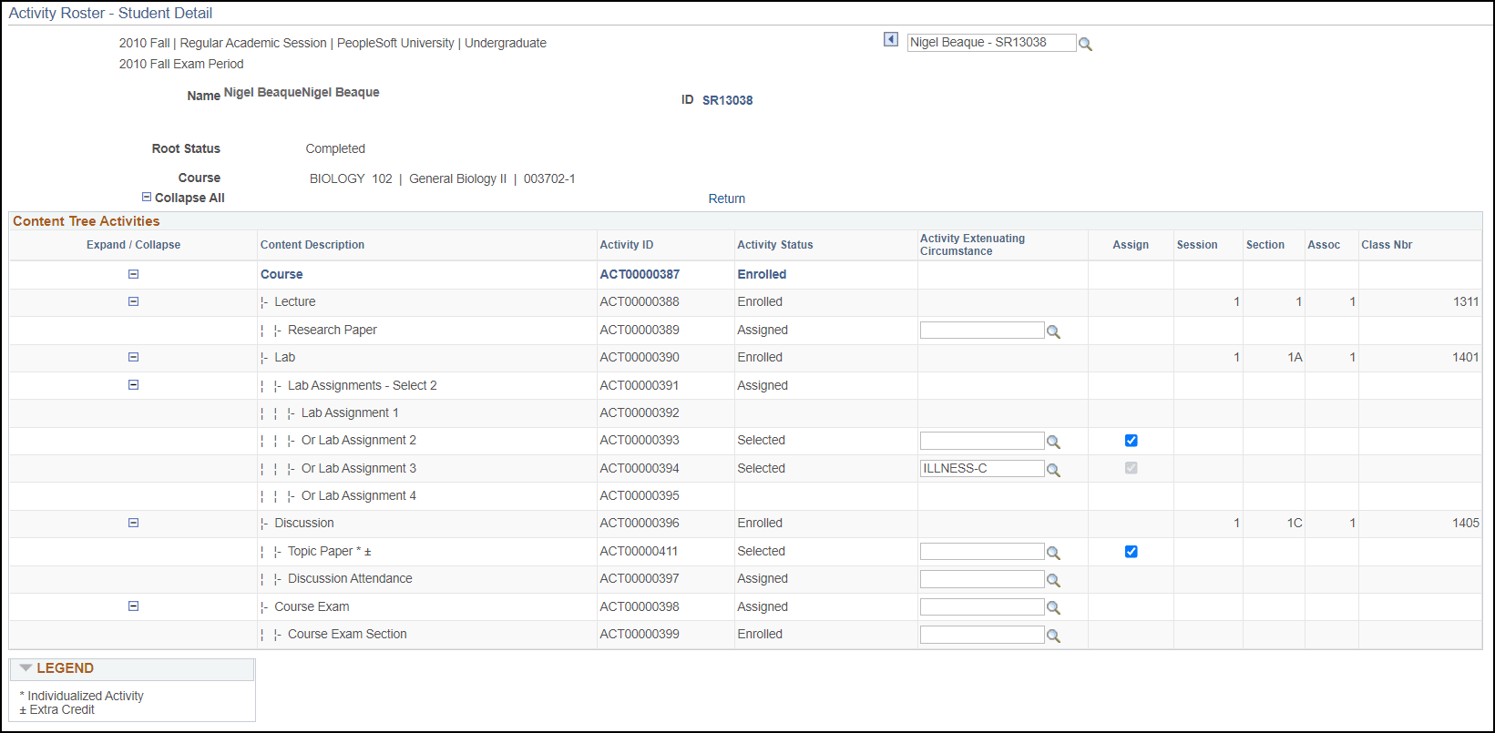 Activity Roster - Student Detail page