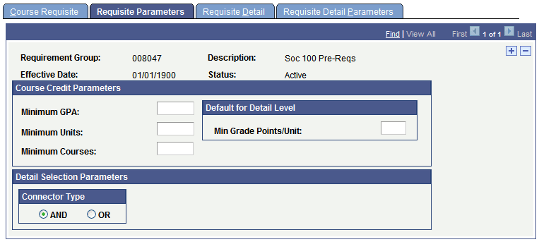 Requisite Parameters page