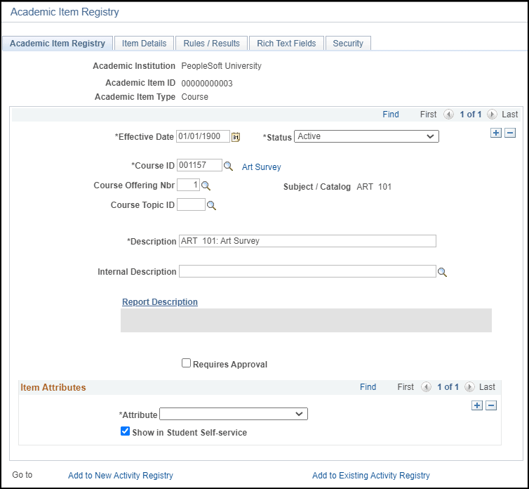 Academic Item Registry (COURSE) page