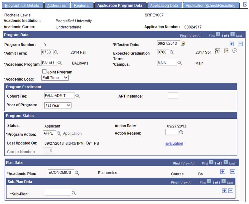 Application Program Data page example for Program Enrollment