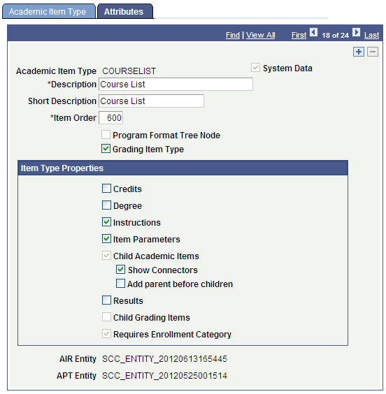 Academic Item Type COURSELIST example