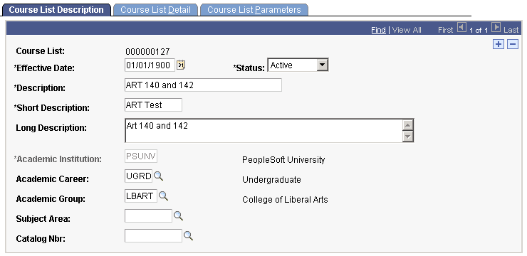 Course List Description page