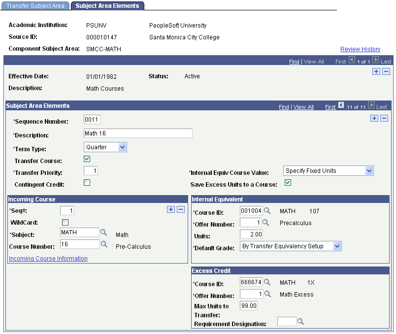 Example of an excess credit course equivalency