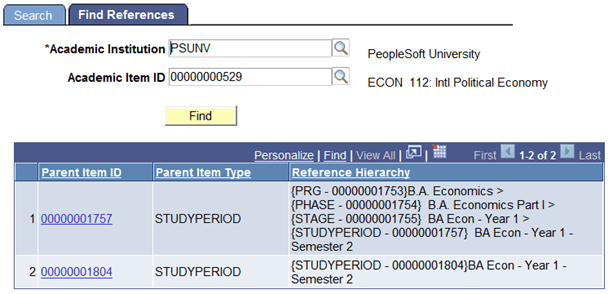 Academic Item Registry Find References page