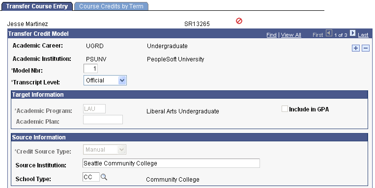 Transfer Course Entry page (1 of 2)