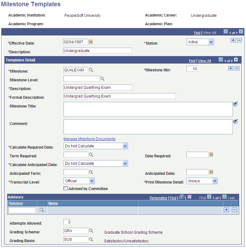 Milestone Templates page