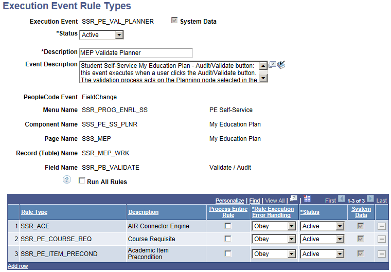 Program Enrollment - Execution Event Rule Types page