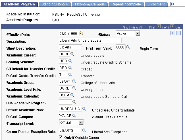 Viewing career pointer exception rules on the Academic Program page (ACADEMIC_PROG_TBL)