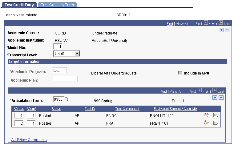 Test Credit Entry page