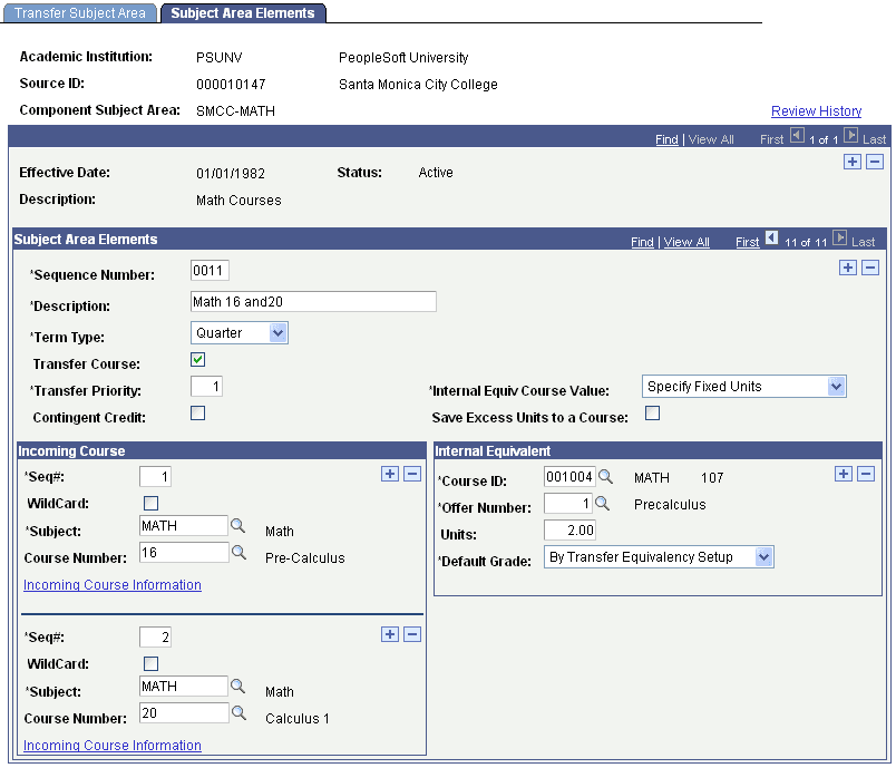 Example of many-to-one course equivalency