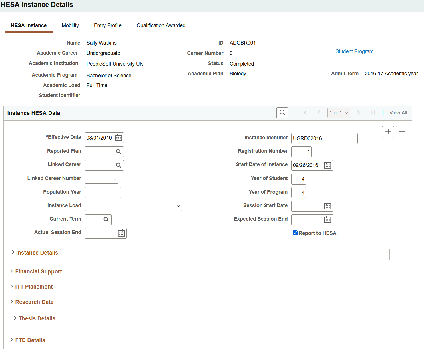 HESA (Higher Education Statistics Agency) Instance page